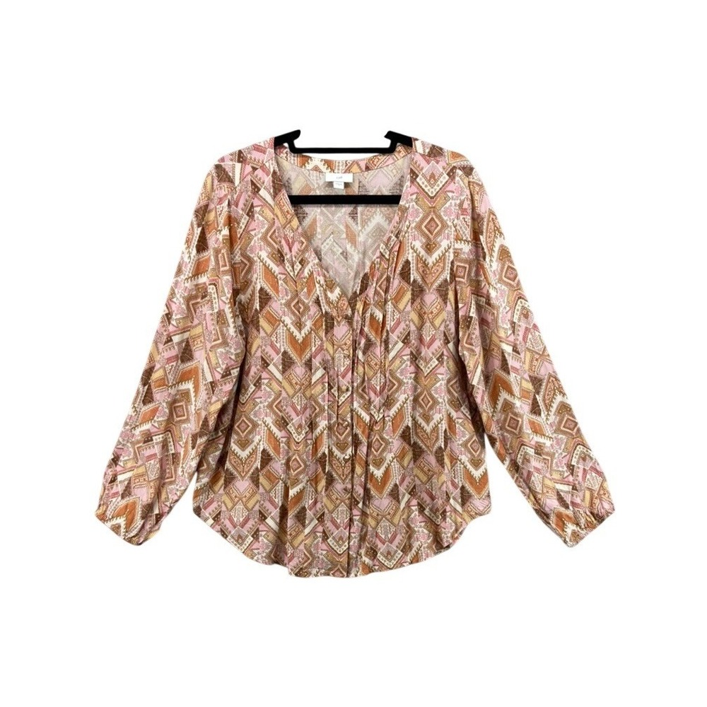 J. Jill Shirt Women Sz L Pink Brown Geometric V-Neck Pleated Button Boho Peasant